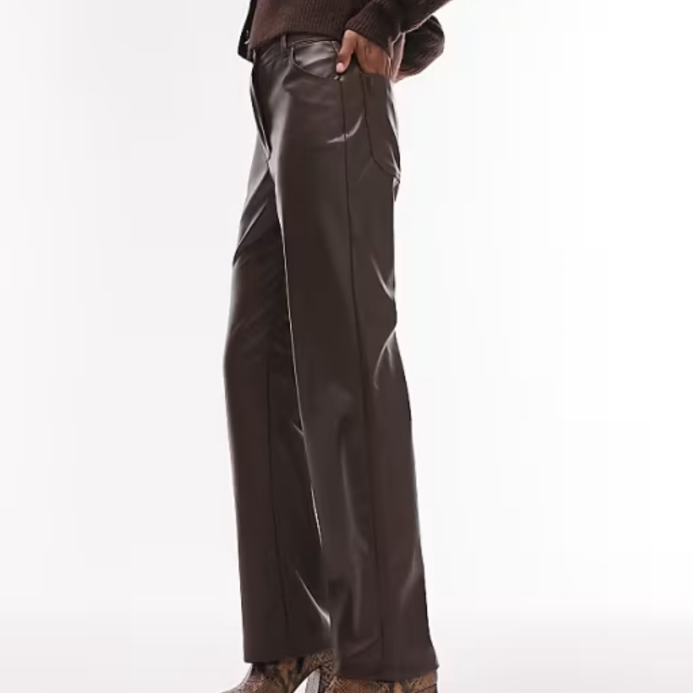 Topshop chocolate brown faux leather straight leg pants